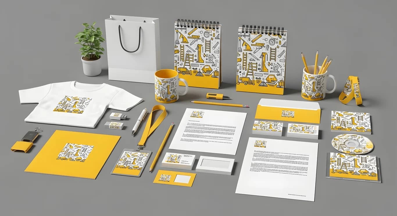 A coordinated collection of branded apparel, drinkware, bags, packaging, and promotional products designed as part of a cohesive merchandise program